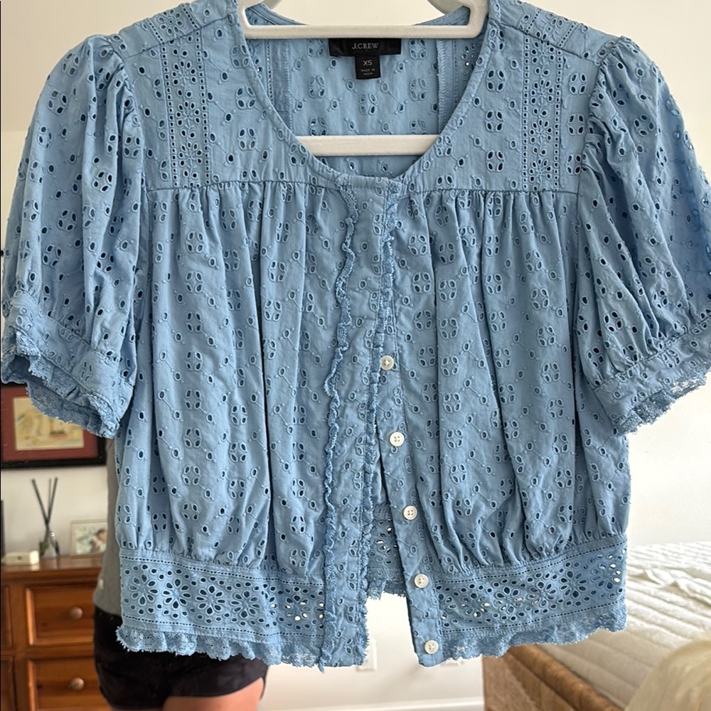 J. Crew Blue Ruffled Short Sleeve Blouse
